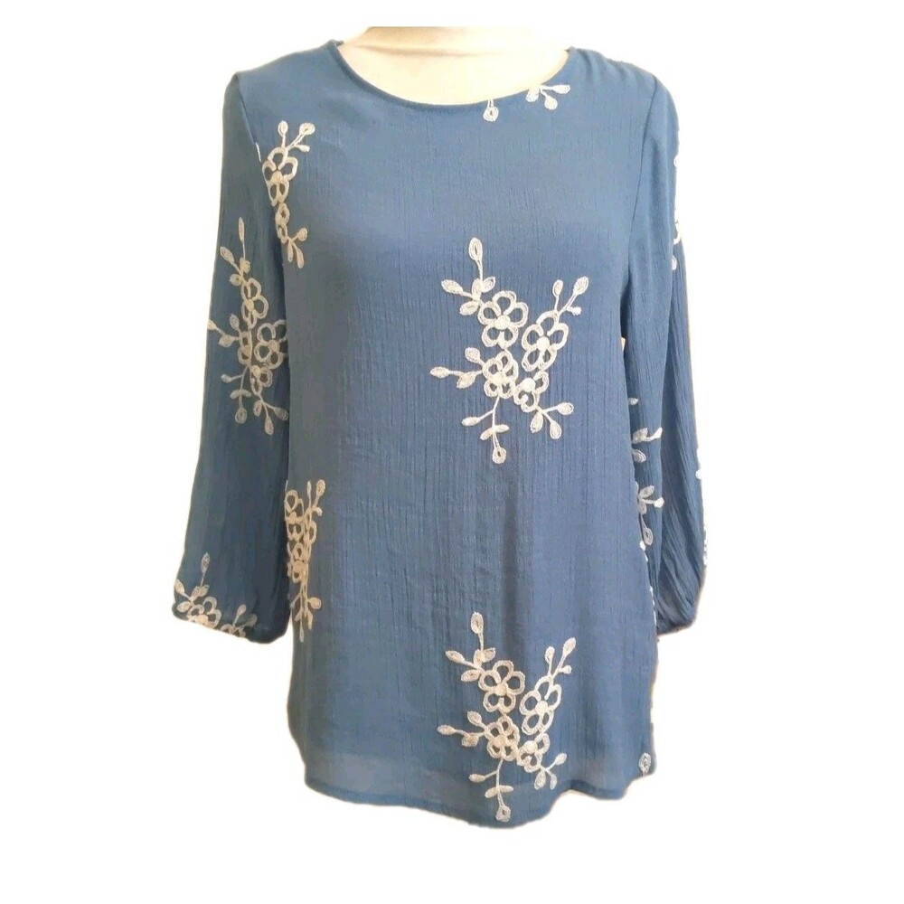 ANNELIEGE Blue Tunic Blouse Sheer Demur Embroidered Lined Size M